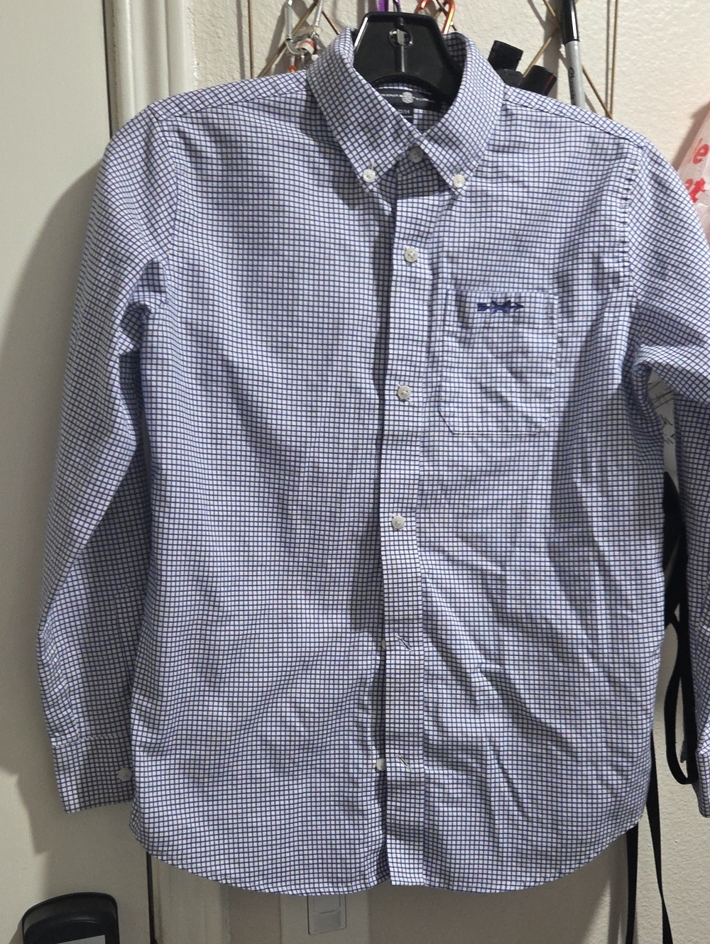 Boys' Button-Down Check Shirt in Navy and White 12/14.  Top Quality.
